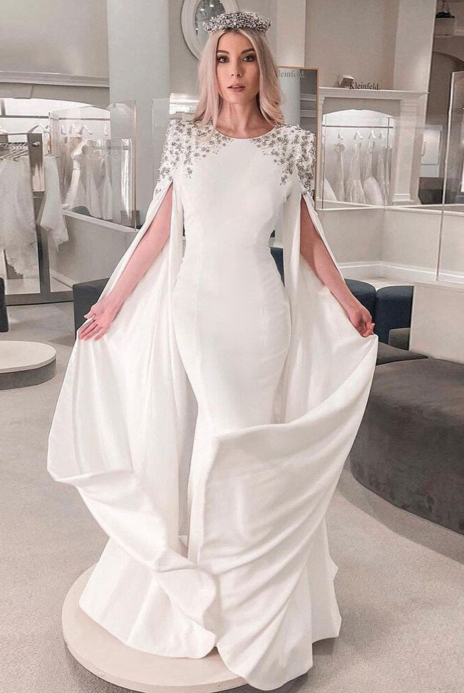 DreamyVow Elegant White Mermaid Dubai Evening Dress for Women Wedding Party Cape Sleeves Muslim Long Formal Dresses 200