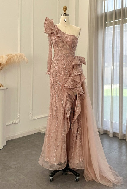 Dreamy Vow Fuchsia One Shoulder Luxury Dubai Evening Dresses 2023 Arabic Side Slit Mermaid Prom Formal Dress for Wedding 360