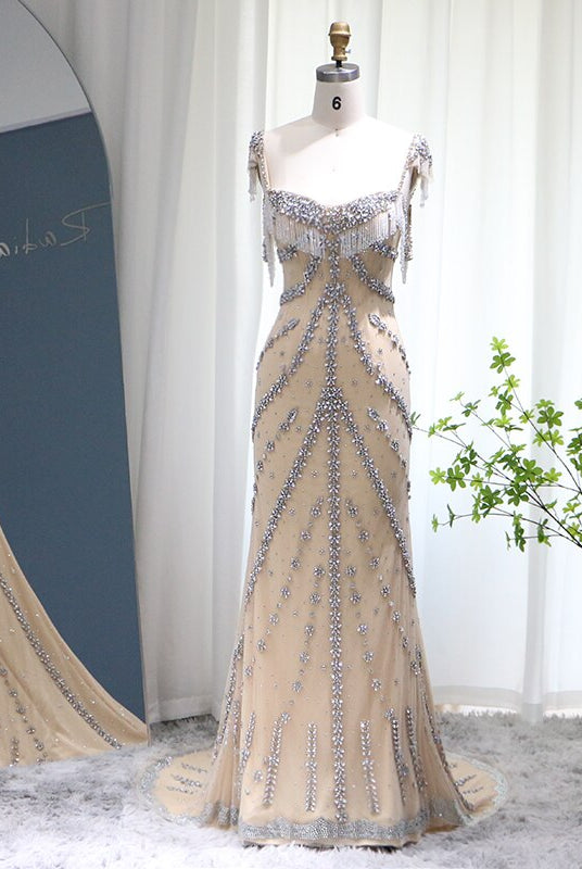 Dreamy Vow Kendall Jenner Nude Mermaid Luxury Dubai Evening Dresses 2023 Crystal Tassel Long Prom Graduation Party Gowns 358