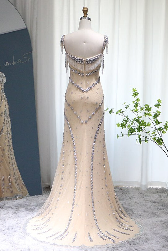 Dreamy Vow Kendall Jenner Nude Mermaid Luxury Dubai Evening Dresses 2023 Crystal Tassel Long Prom Graduation Party Gowns 358