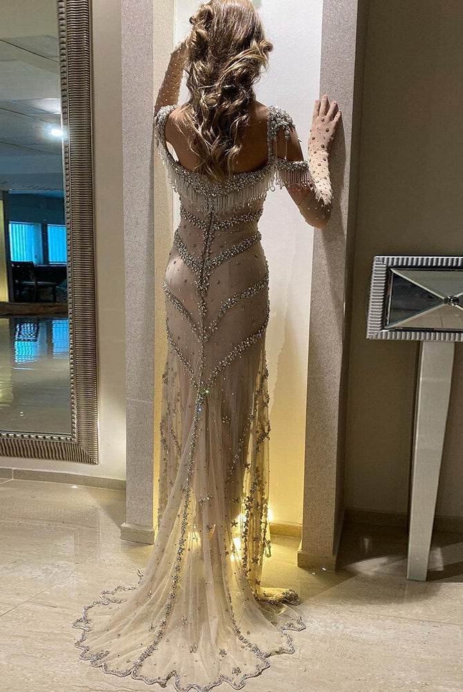 Dreamy Vow Kendall Jenner Nude Mermaid Luxury Dubai Evening Dresses 2023 Crystal Tassel Long Prom Graduation Party Gowns 358