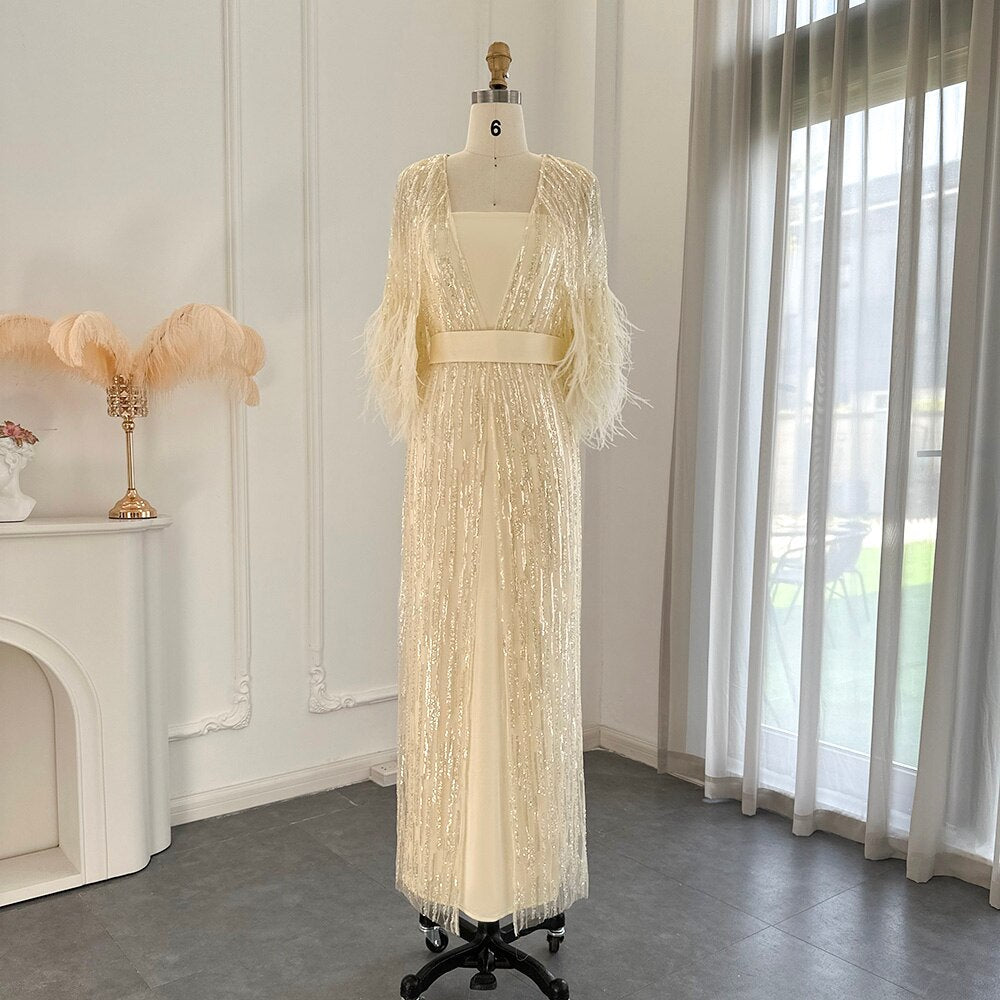 Dreamy Vow Light Yellow Luxury Dubai Feathers Evening Dresses for Women Wedding Party Arabic Purple Formal Prom Gowns 430