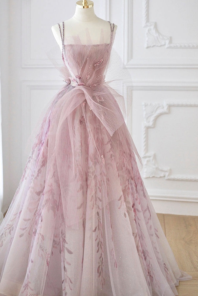 Dreamy Vow Lilac Floral Tulle Long Evening Dress 2023 Spaghetti Straps Backless Formal Prom Dresses for Wedding Party 236