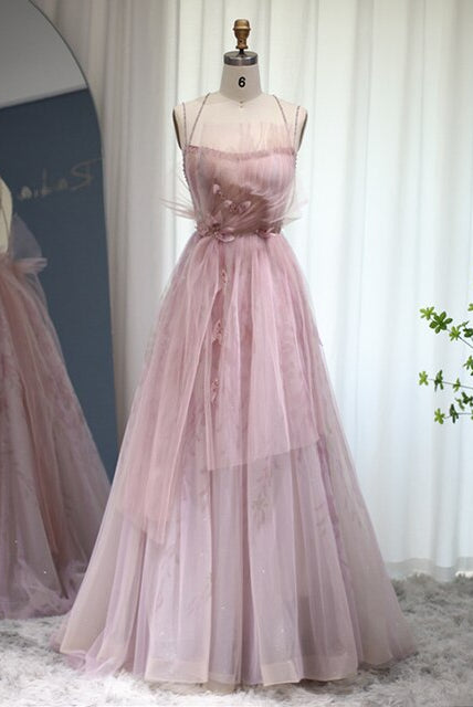 Dreamy Vow Lilac Floral Tulle Long Evening Dress 2023 Spaghetti Straps Backless Formal Prom Dresses for Wedding Party 236