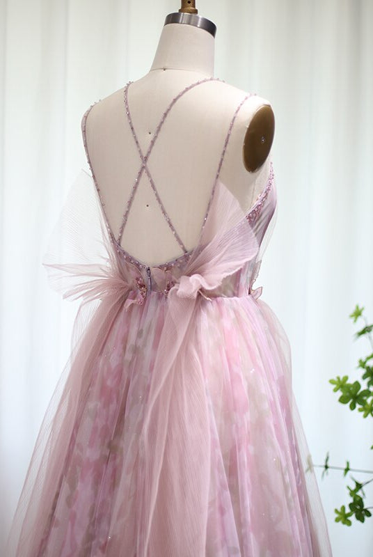 Dreamy Vow Lilac Floral Tulle Long Evening Dress 2023 Spaghetti Straps Backless Formal Prom Dresses for Wedding Party 236