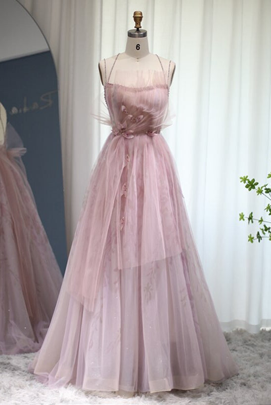 Dreamy Vow Lilac Floral Tulle Long Evening Dress 2023 Spaghetti Straps Backless Formal Prom Dresses for Wedding Party 236