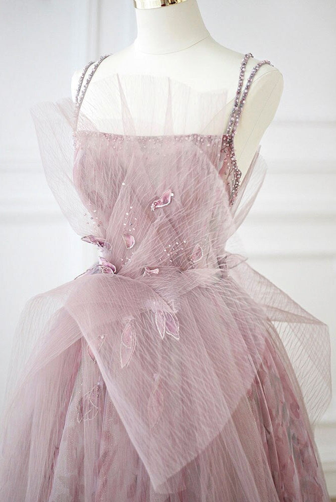 Dreamy Vow Lilac Floral Tulle Long Evening Dress 2023 Spaghetti Straps Backless Formal Prom Dresses for Wedding Party 236