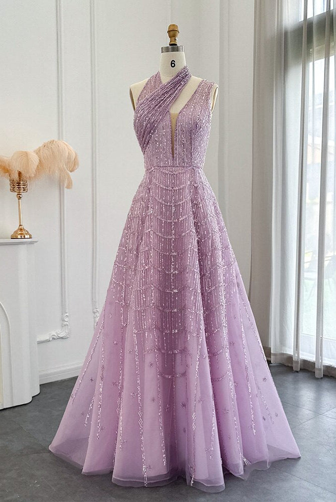 DreamyVow Luxury Beaded Dubai Lilac Evening Dresses for Women Wedding Party 2023 Elegant Long Arabic Prom Formal Gowns 329