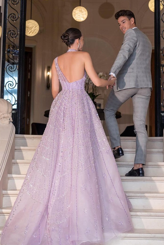 DreamyVow Luxury Beaded Dubai Lilac Evening Dresses for Women Wedding Party 2023 Elegant Long Arabic Prom Formal Gowns 329