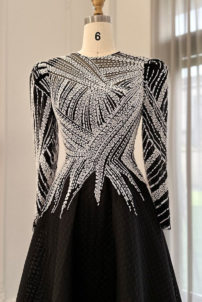 Dreamy Vow Luxury Black Short Muslim Evening Dress Long Sleeve 2023 Elegant A-Line Arabic Women Party Prom Formal Dresses 212