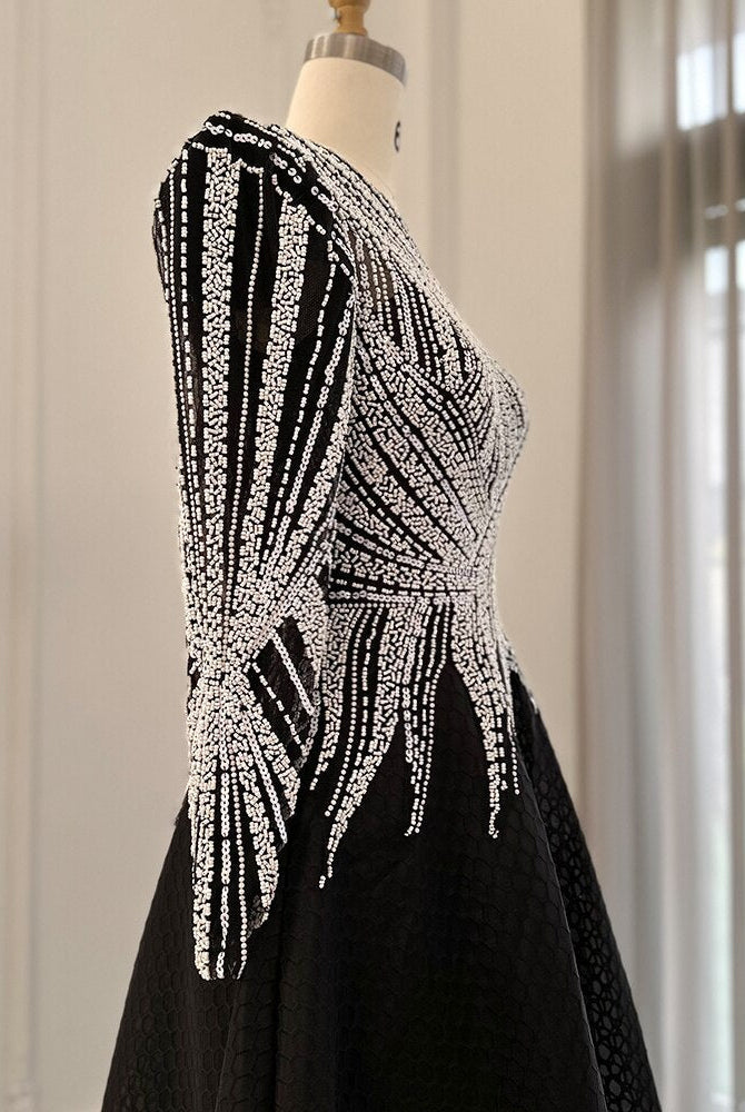 Dreamy Vow Luxury Black Short Muslim Evening Dress Long Sleeve 2023 Elegant A-Line Arabic Women Party Prom Formal Dresses 212