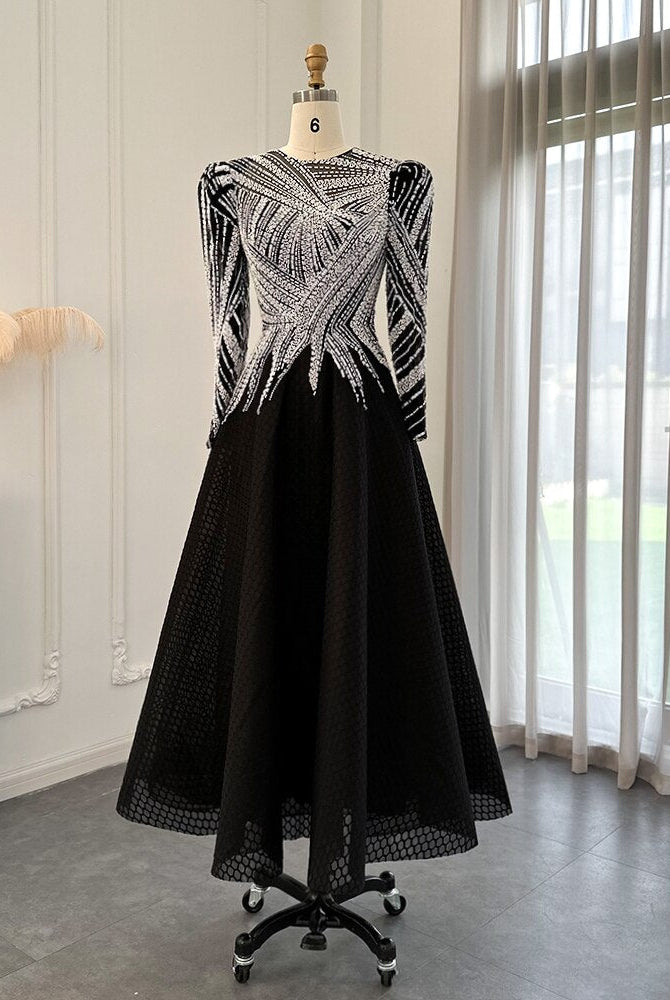 Dreamy Vow Luxury Black Short Muslim Evening Dress Long Sleeve 2023 Elegant A-Line Arabic Women Party Prom Formal Dresses 212