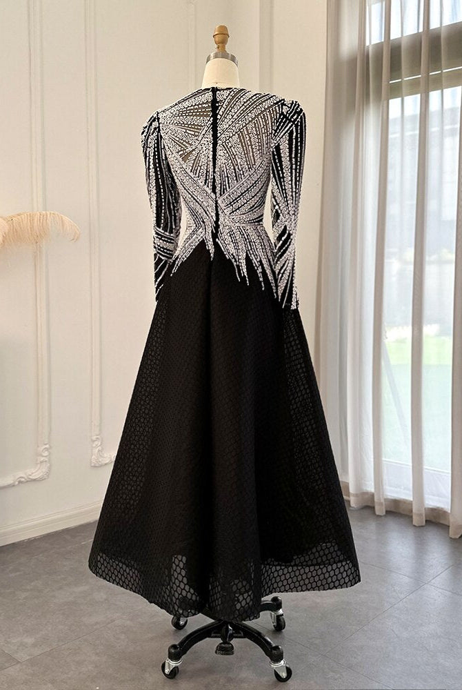 Dreamy Vow Luxury Black Short Muslim Evening Dress Long Sleeve 2023 Elegant A-Line Arabic Women Party Prom Formal Dresses 212