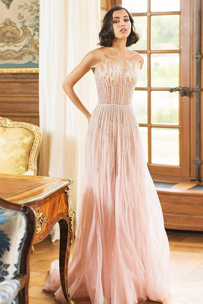 Dreamy Vow Luxury Dubai Black Feathers Evening Dresses for Women Wedding Party Elegant Long Pink Arabic Formal Prom Dress 401