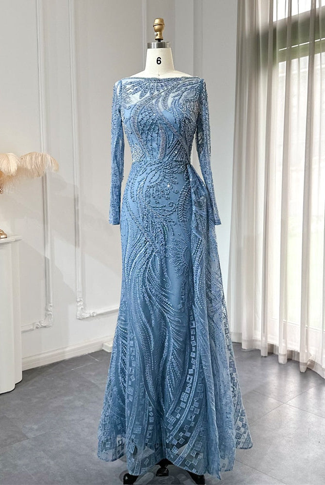 Dreamy Vow Luxury Dubai Blue Mermaid Muslim Evening Dress Overskirt Long Sleeve Plus Size Women Wedding Guest Party Gowns 141