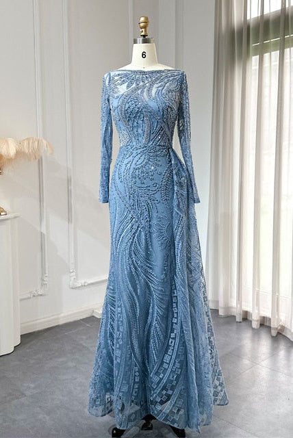 Dreamy Vow Luxury Dubai Blue Mermaid Muslim Evening Dress Overskirt Long Sleeve Plus Size Women Wedding Guest Party Gowns 141