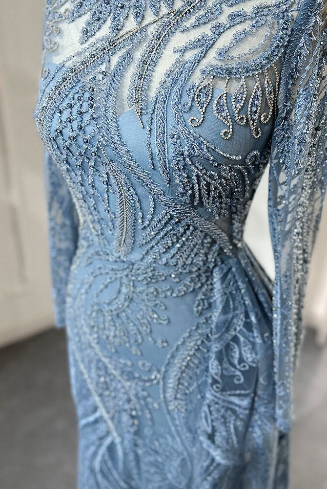 Dreamy Vow Luxury Dubai Blue Mermaid Muslim Evening Dress Overskirt Long Sleeve Plus Size Women Wedding Guest Party Gowns 141