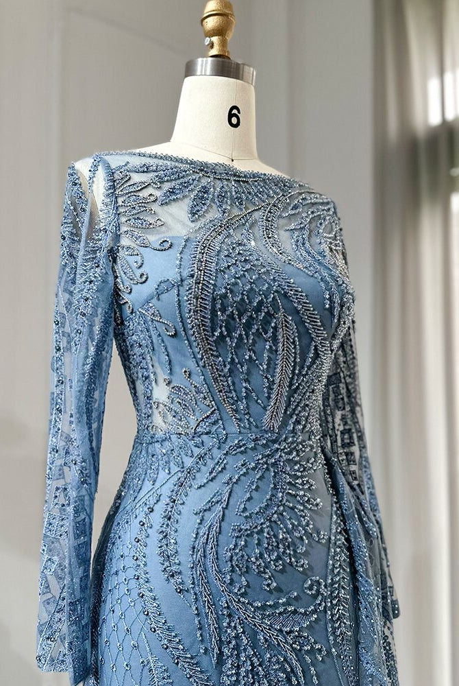 Dreamy Vow Luxury Dubai Blue Mermaid Muslim Evening Dress Overskirt Long Sleeve Plus Size Women Wedding Guest Party Gowns 141