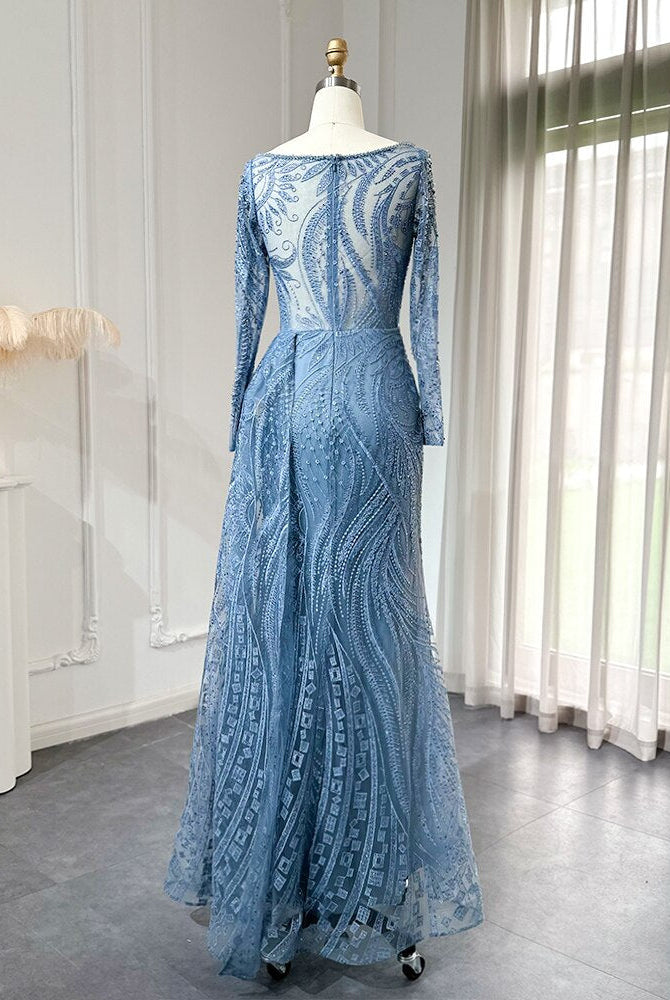 Dreamy Vow Luxury Dubai Blue Mermaid Muslim Evening Dress Overskirt Long Sleeve Plus Size Women Wedding Guest Party Gowns 141
