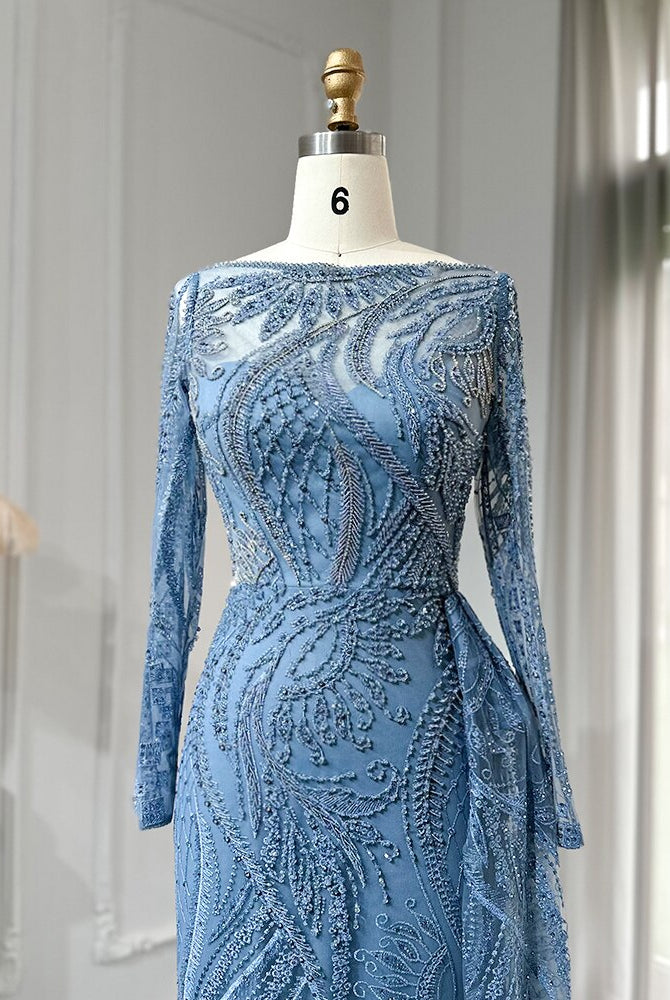 Dreamy Vow Luxury Dubai Blue Mermaid Muslim Evening Dress Overskirt Long Sleeve Plus Size Women Wedding Guest Party Gowns 141