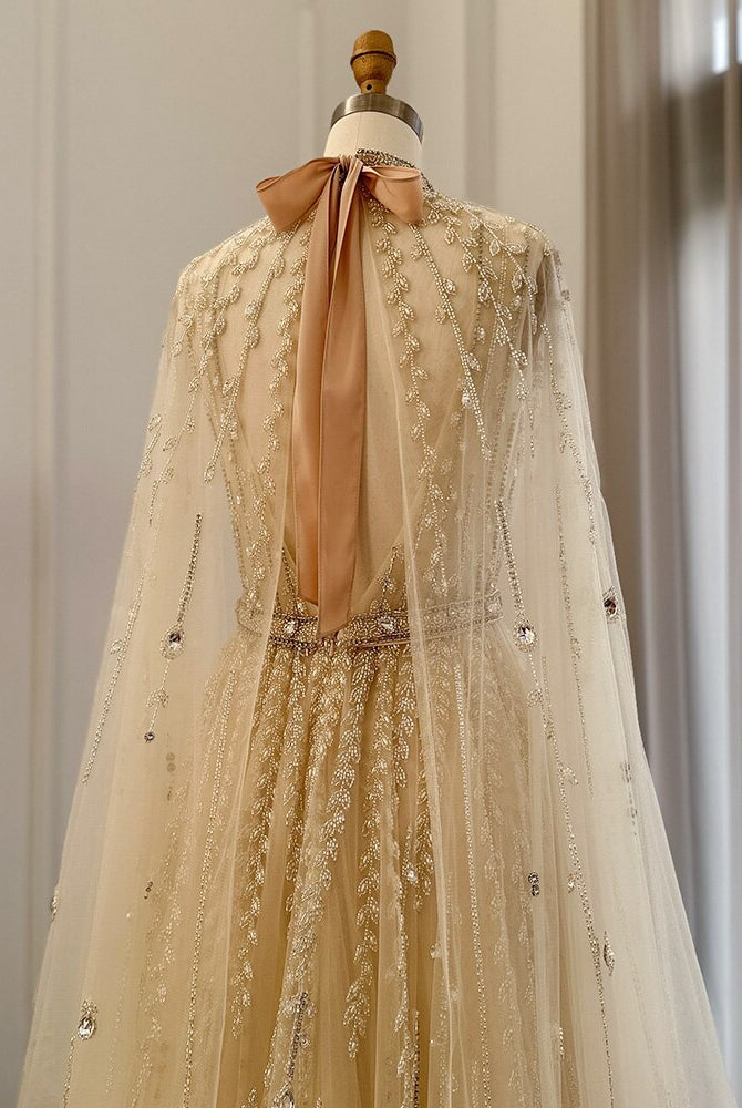 Dreamy Vow Luxury Dubai Evening Dress with Cape Sleeve 2023 Elegant Long Arabic Formal Dresses for Women Wedding Party 495