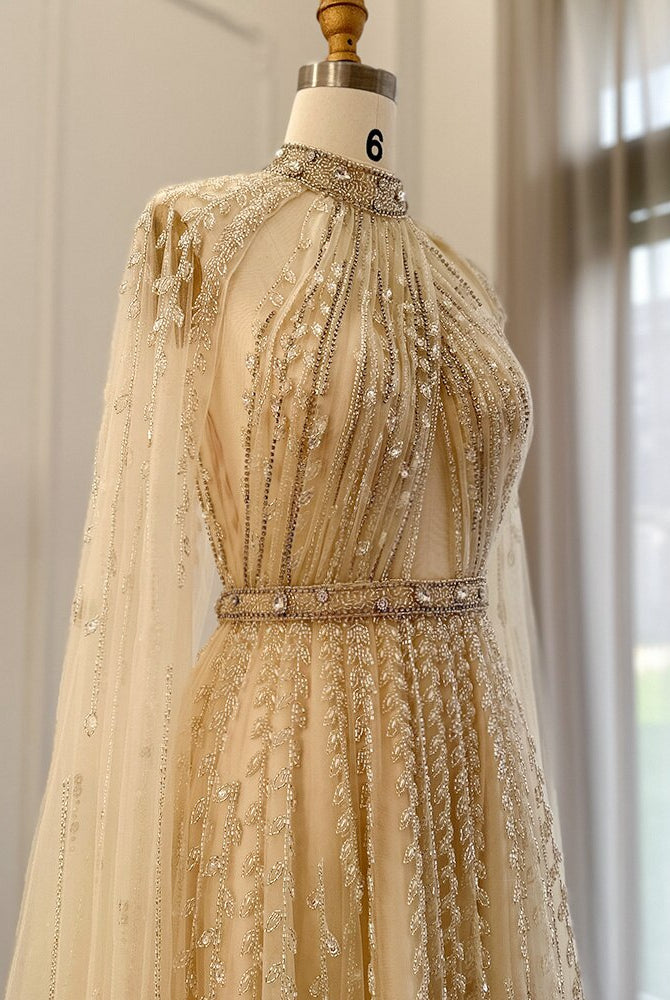 Dreamy Vow Luxury Dubai Evening Dress with Cape Sleeve 2023 Elegant Long Arabic Formal Dresses for Women Wedding Party 495