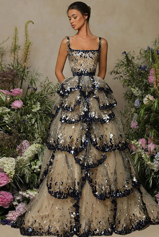 Dreamy Vow Luxury Dubai Evening Dresses 2023 Sparkly Sequin Tiered Ruffles Elegant Women Wedding Party Formal Gowns 243