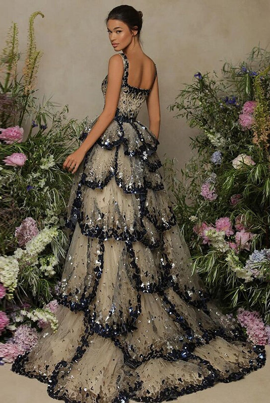 Dreamy Vow Luxury Dubai Evening Dresses 2023 Sparkly Sequin Tiered Ruffles Elegant Women Wedding Party Formal Gowns 243
