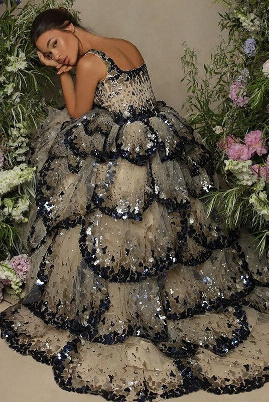 Dreamy Vow Luxury Dubai Evening Dresses 2023 Sparkly Sequin Tiered Ruffles Elegant Women Wedding Party Formal Gowns 243