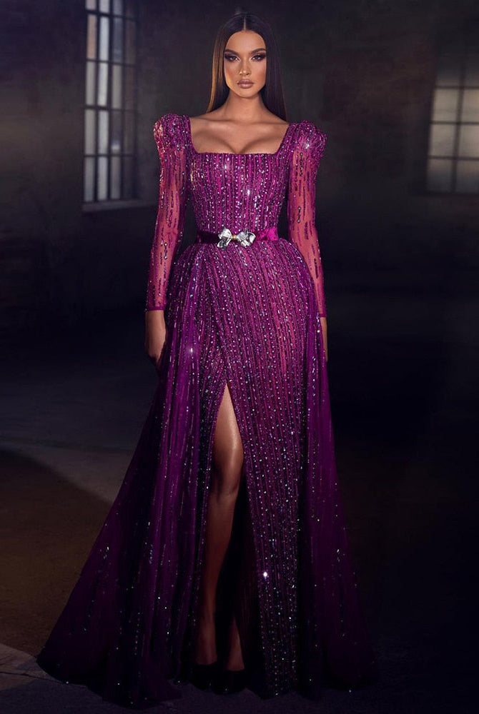 Dreamy Vow Luxury Dubai Fuchsia Evening Dresses for Women Wedding Elegant Long Sleeve Overskirt Arabic Formal Party Gowns 318
