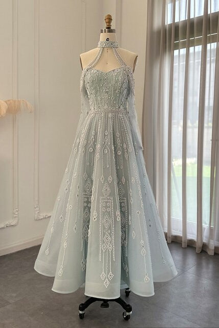Dreamy Vow Luxury Dubai Light Blue Evening Dress for Women Wedding Elegant Off Shoulder Beaded Arabic Formal Party Gowns 418
