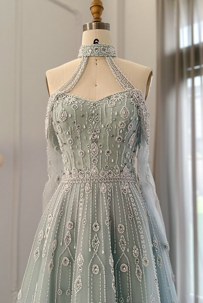 Dreamy Vow Luxury Dubai Light Blue Evening Dress for Women Wedding Elegant Off Shoulder Beaded Arabic Formal Party Gowns 418