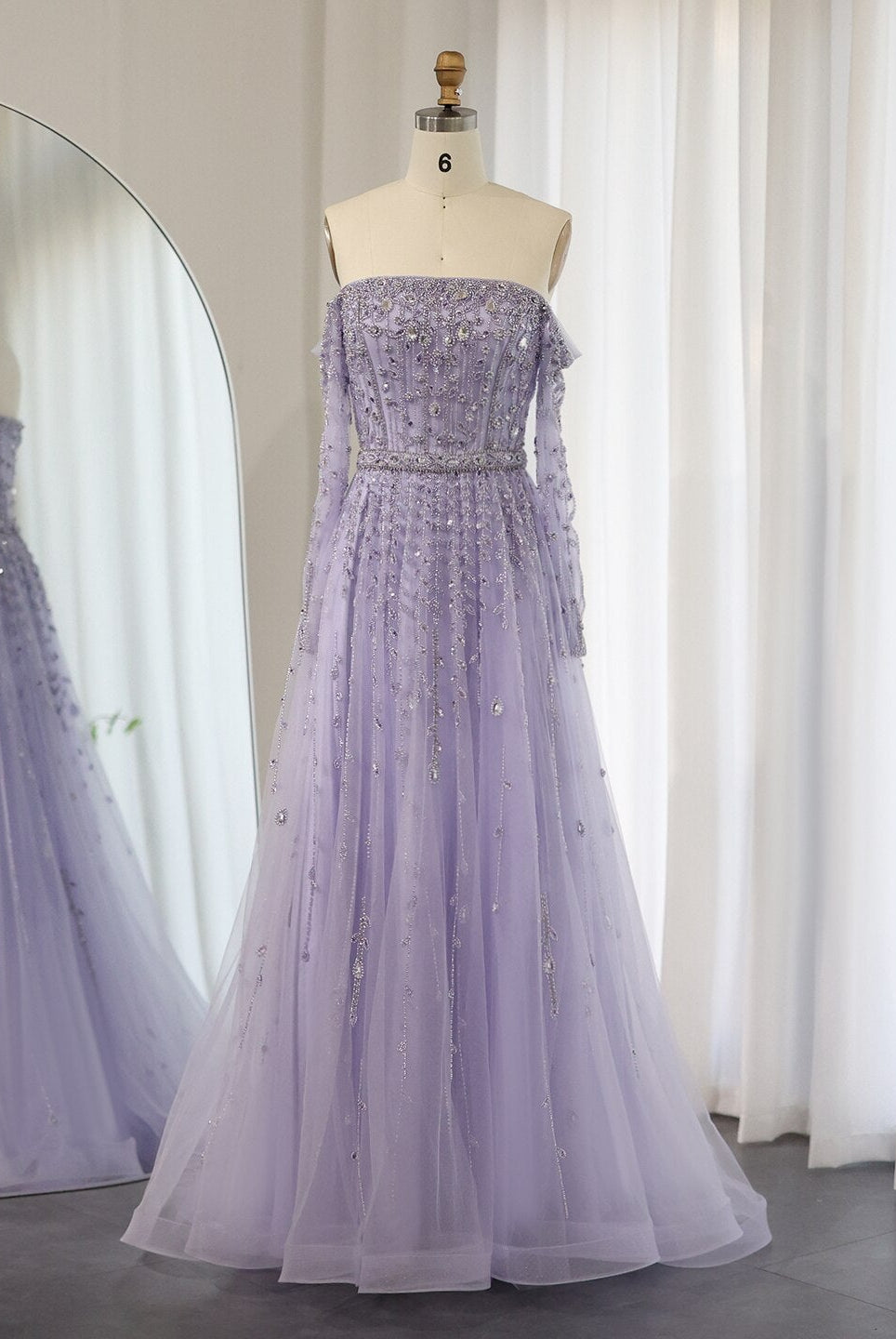 Dreamy Vow Luxury Dubai Nude Evening Dress 2023 Elegant Off Shoulder Long Sleeves Arabic Lilac Women Wedding Pary Gowns 489