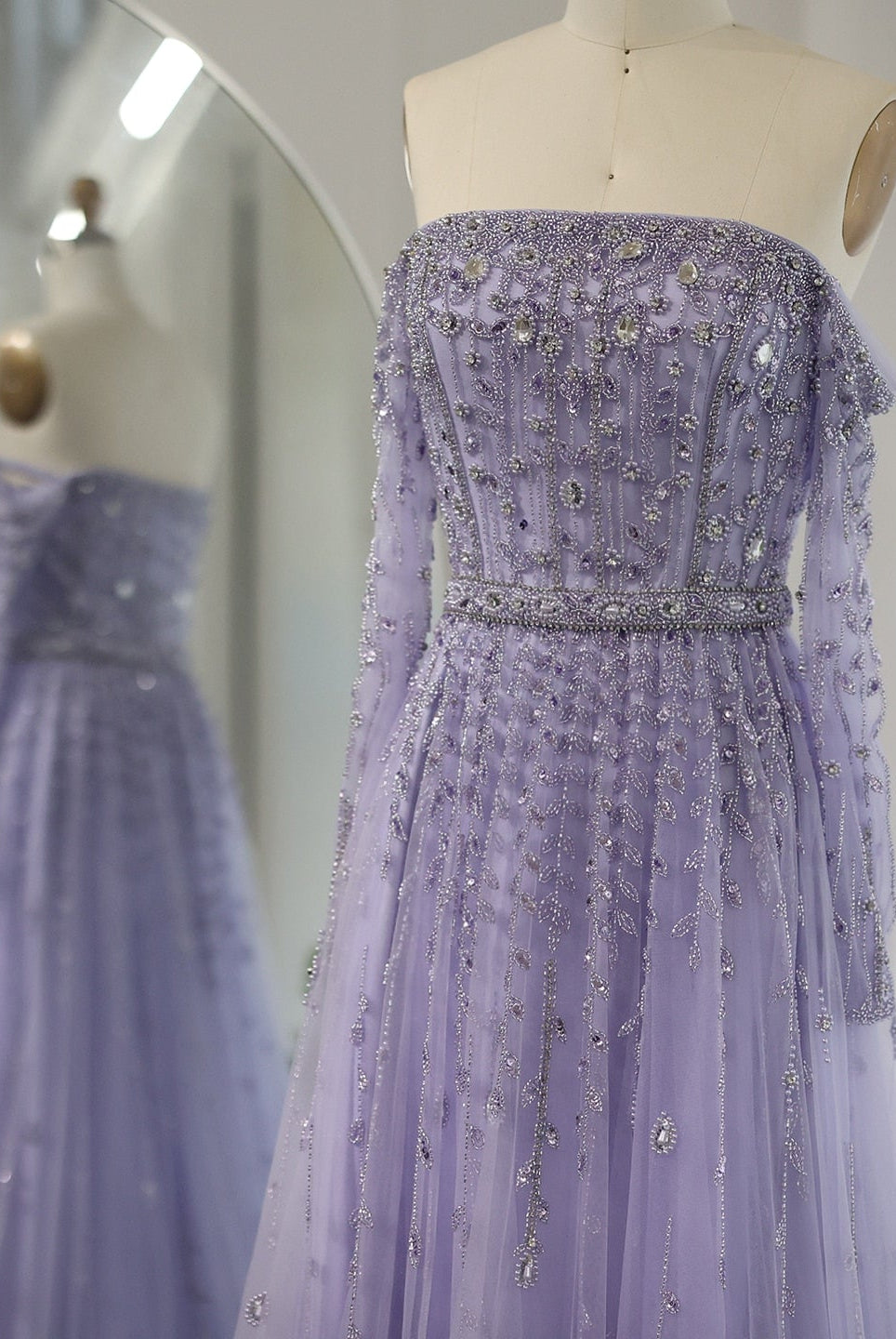 Dreamy Vow Luxury Dubai Nude Evening Dress 2023 Elegant Off Shoulder Long Sleeves Arabic Lilac Women Wedding Pary Gowns 489