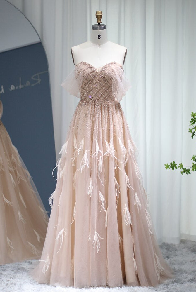 Dreamy Vow Luxury Feather Pink Dubai Evening Dresses Elegant Off Shoulder Beaded Champagne Formal Dress for Women Wedding 278