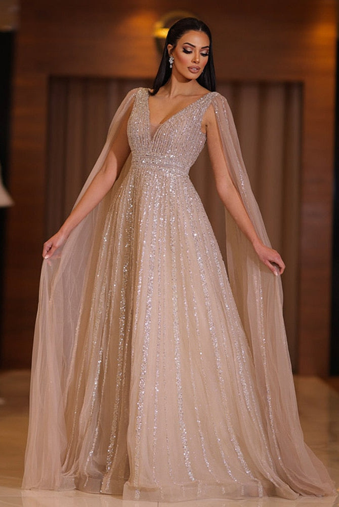 Dreamy Vow Luxury Nude Dubai Evening Dress with Cape Sleeves Blush Pink Arabic Formal Dresses for Women Wedding Party 322