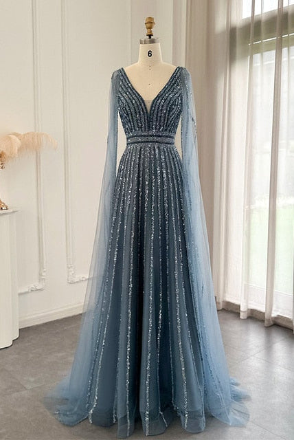 Dreamy Vow Luxury Nude Dubai Evening Dress with Cape Sleeves Blush Pink Arabic Formal Dresses for Women Wedding Party 322