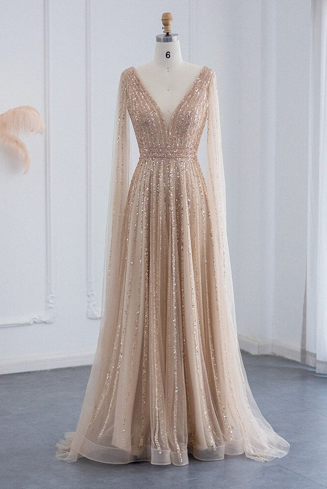 Dreamy Vow Luxury Nude Dubai Evening Dress with Cape Sleeves Blush Pink Arabic Formal Dresses for Women Wedding Party 322