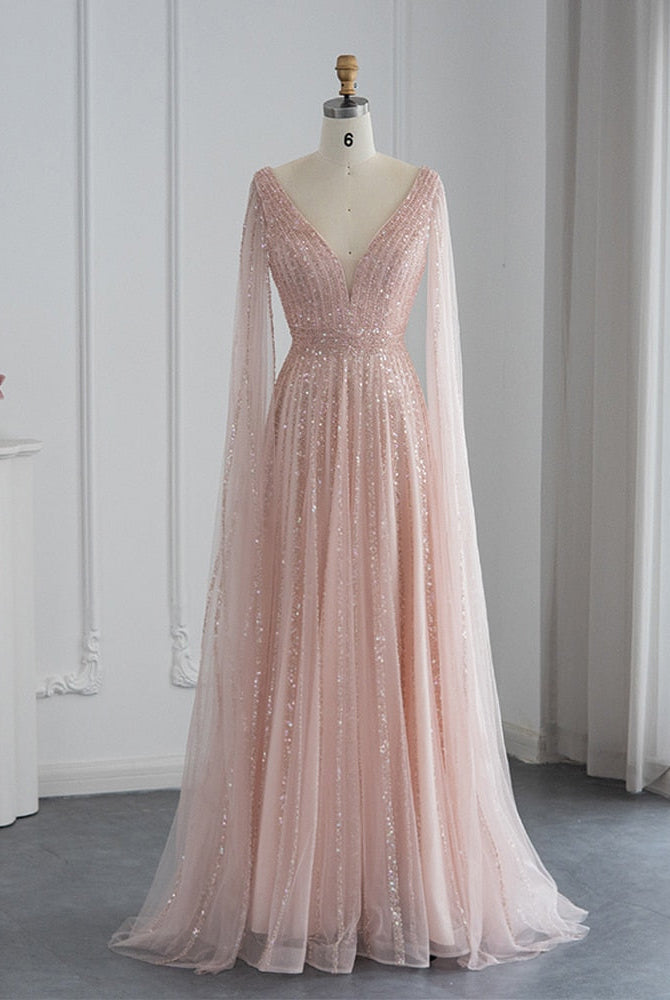 Dreamy Vow Luxury Nude Dubai Evening Dress with Cape Sleeves Blush Pink Arabic Formal Dresses for Women Wedding Party 322