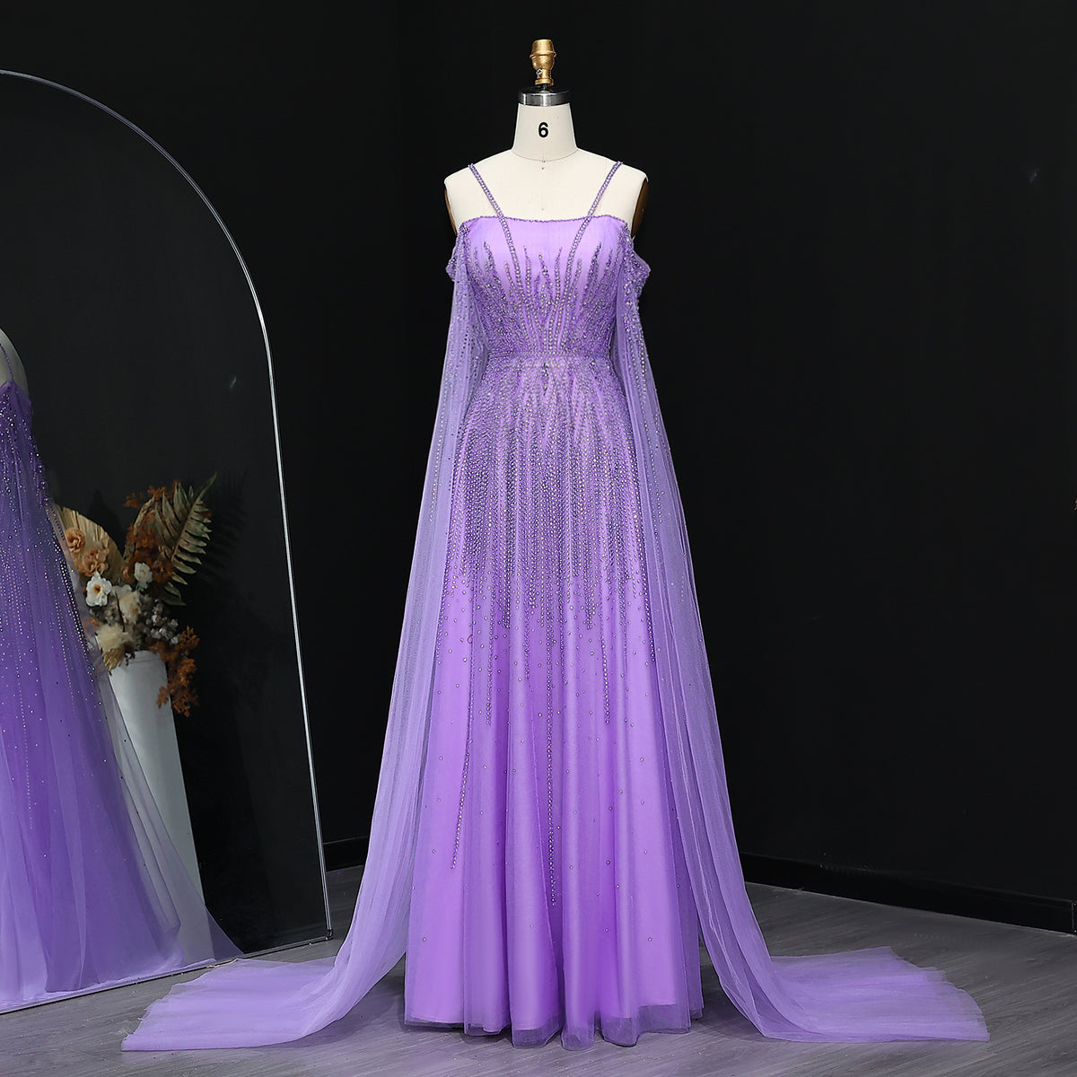 Chic Beaded Lilac Spaghetti-Strap Tulle Evening Dress XD024
