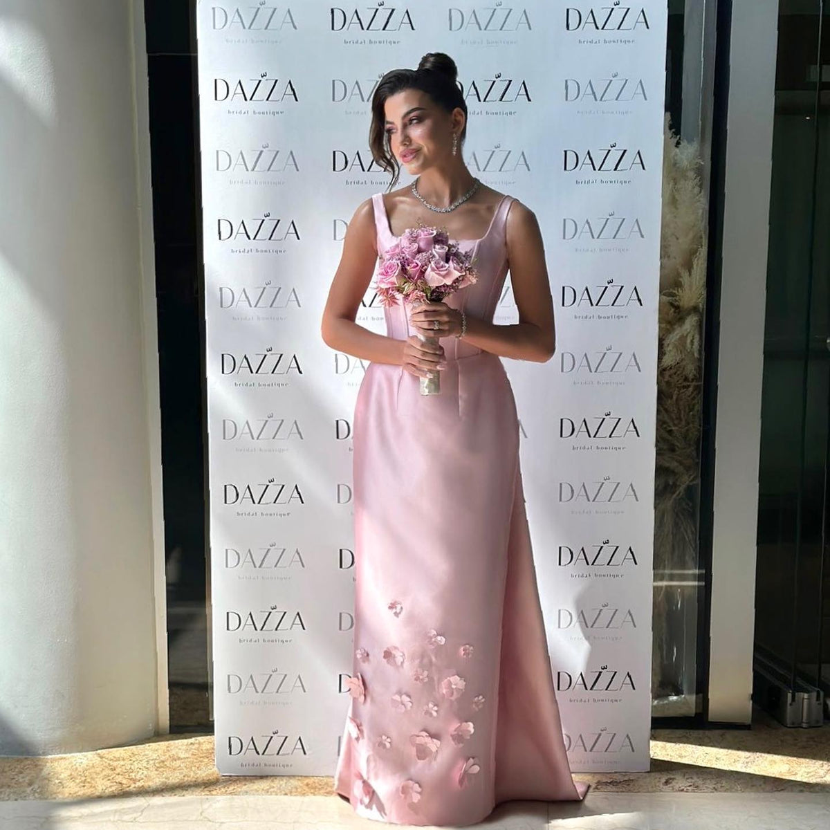 Luxury 3D Floral Pink Straps Evening Dress with Cape SF570