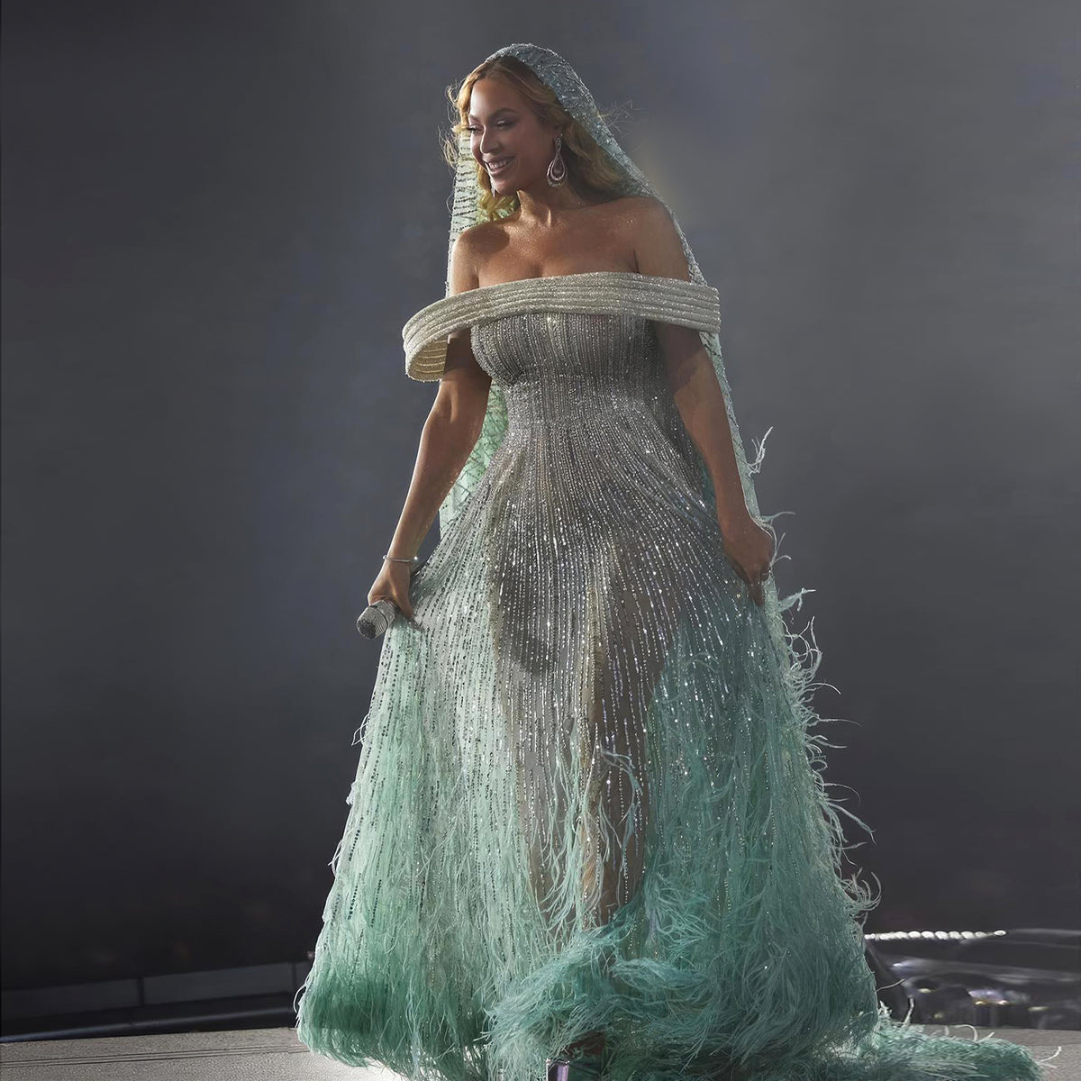 Luxury Feathers Aqua Green Off-Shoulder Evening Dresses SS435