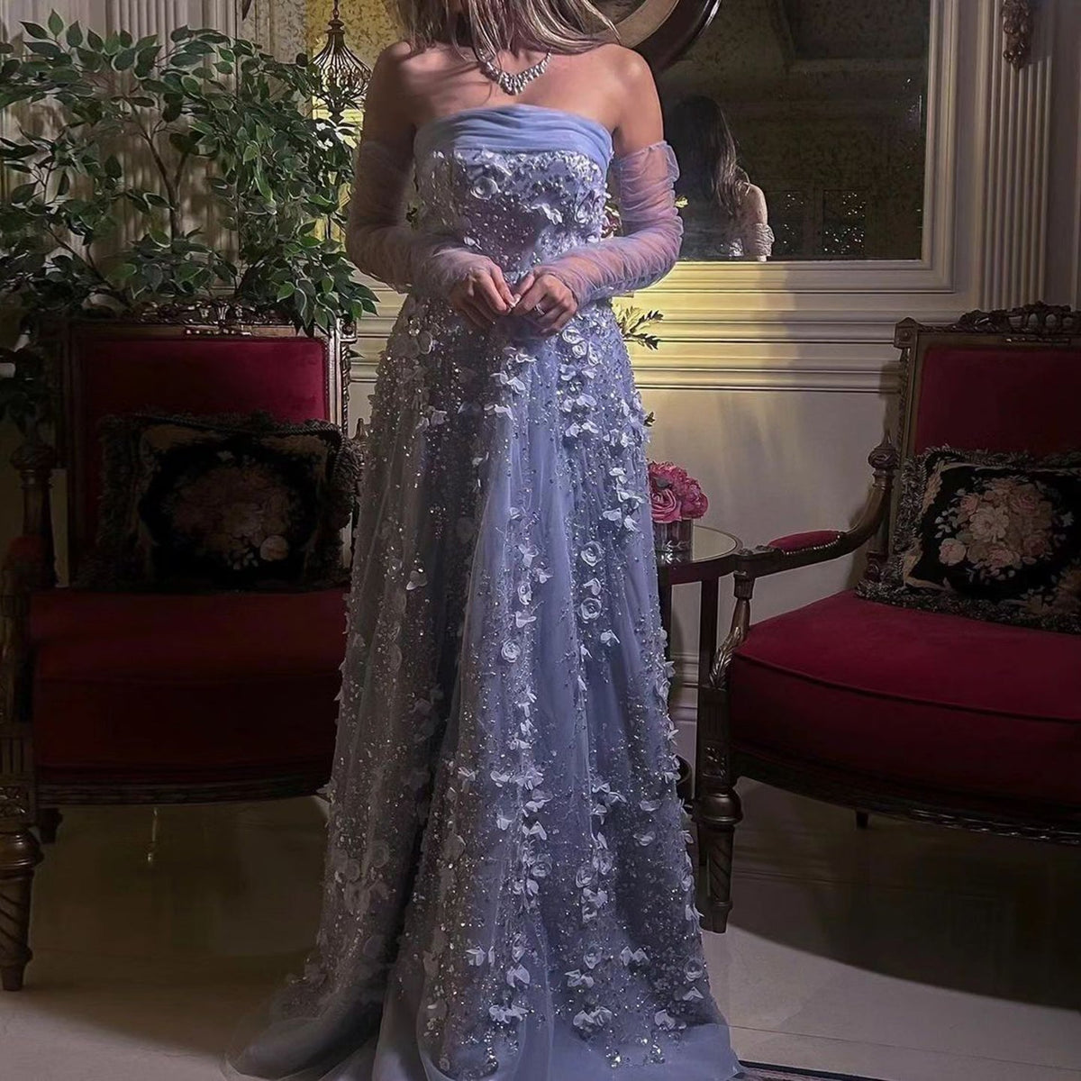 Elegant Pink 3D Flowers Evening Dress with Long Sleeves SS344