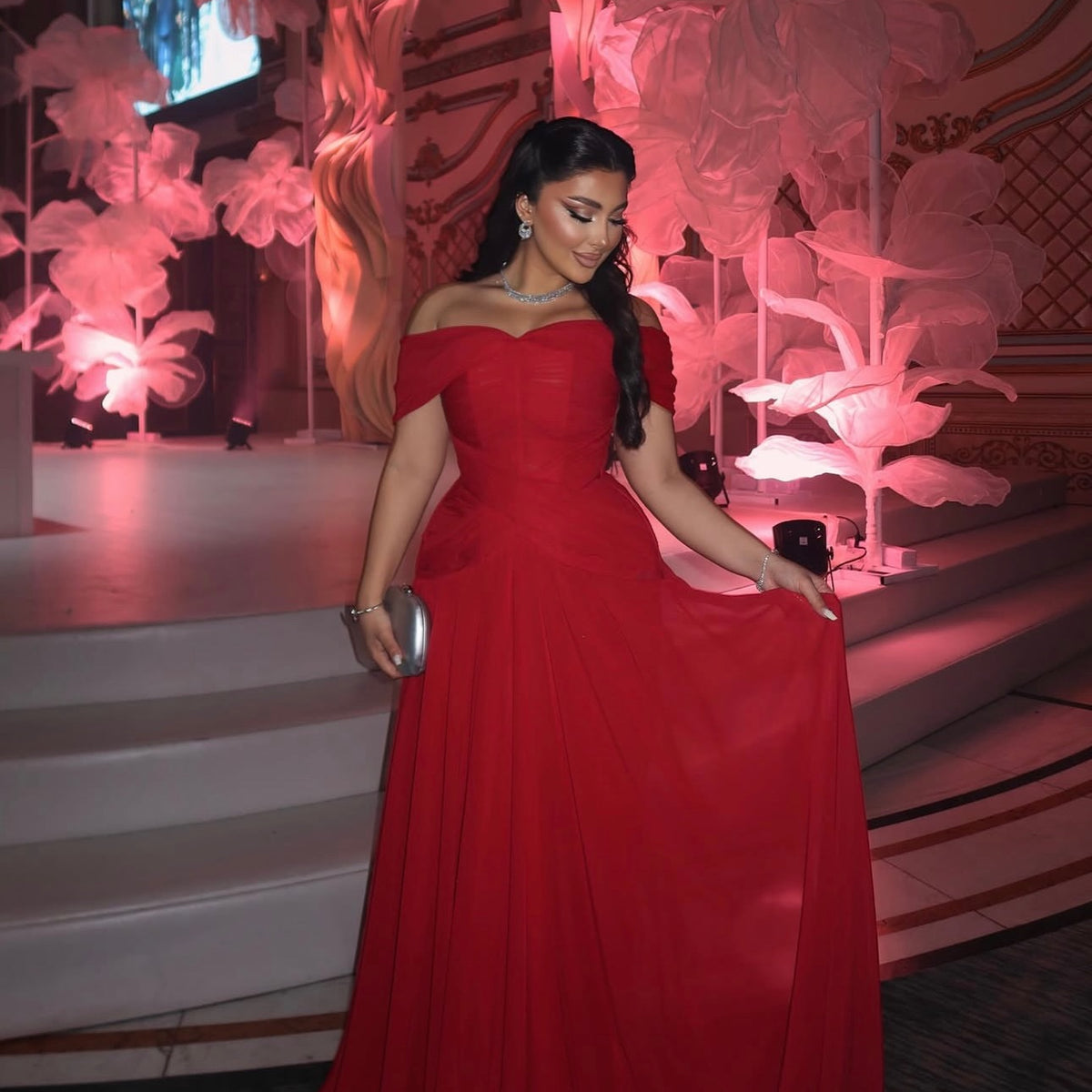 Luxury Red Off the Shoulder Ruched Corset Chiffon A-Line Evening Dress SF105