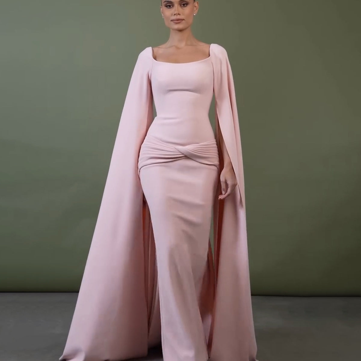 Graceful Bataeu Pink Draped Evening Dress with Cape Sleeve SF518