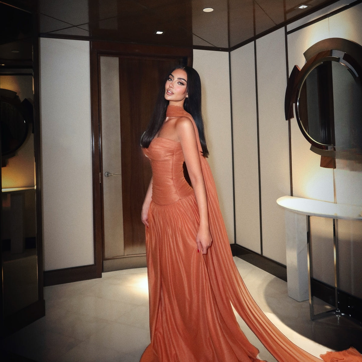 Orange Elegant Strapless Cape Gala Evening Maxi Dress SF568