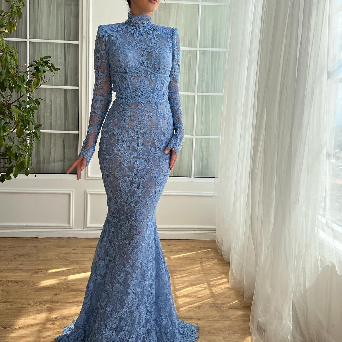 Luxury Blue High Neck Mermaid Evening Dress SF217