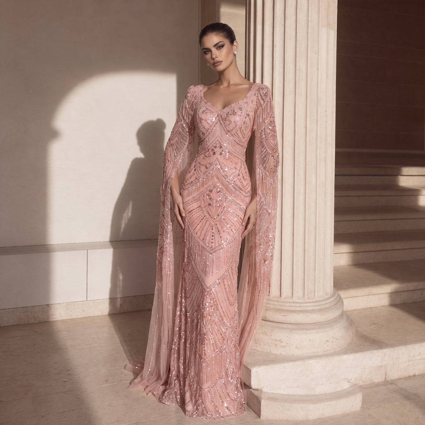Sharon Said SS015 peach mermaid beaded evening dress for a black-tie wedding