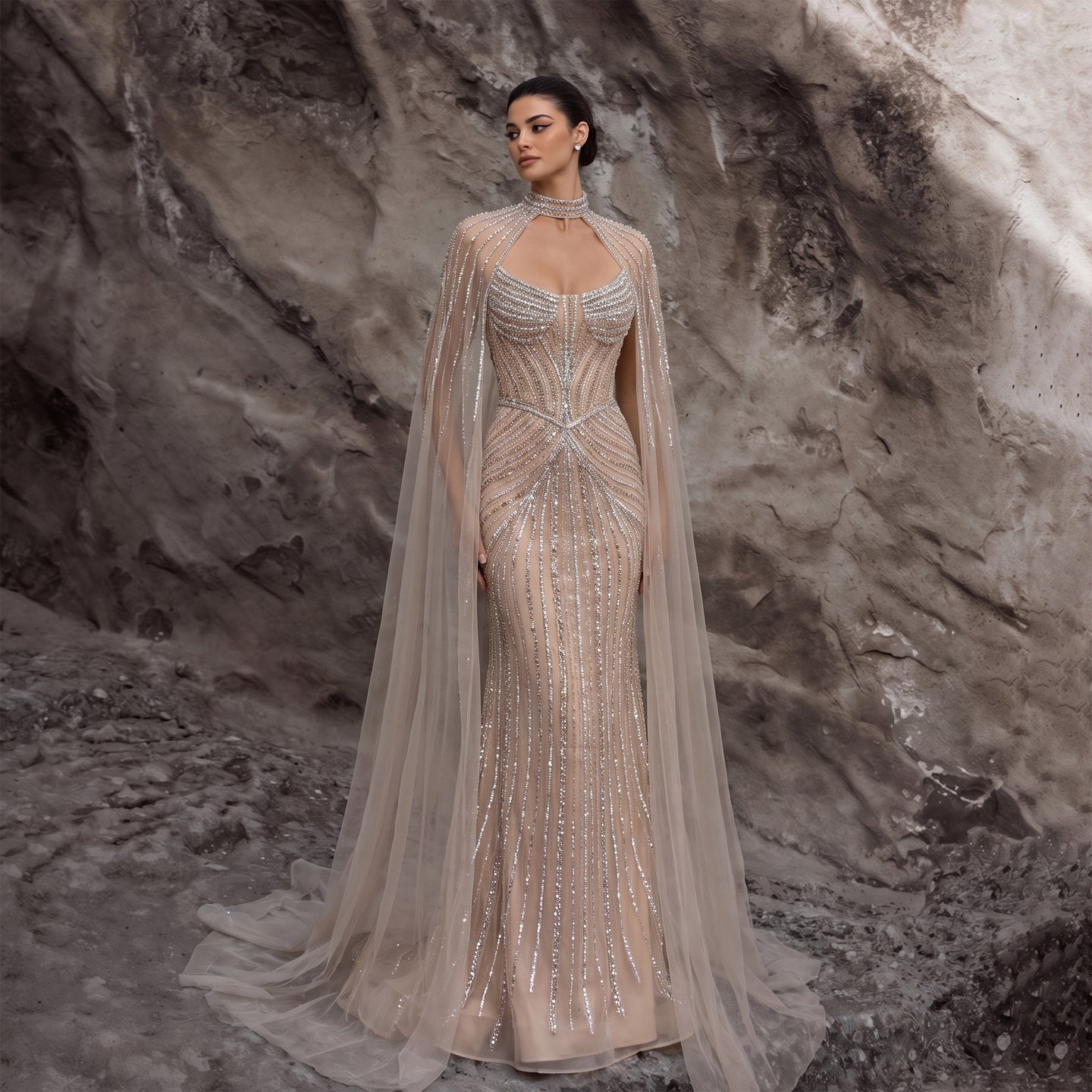Sharon Said SS140 champagne mermaid beaded evening dress with cape sleeve