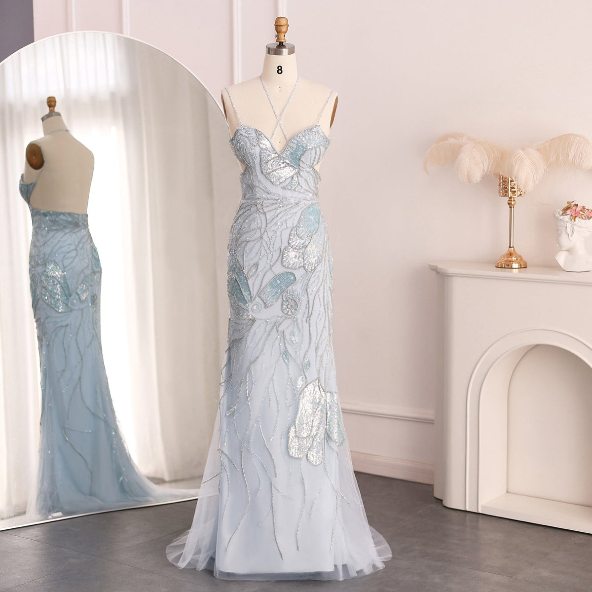 Luxury Mermaid Pink Evening Dress with Feathers Scarf SS478